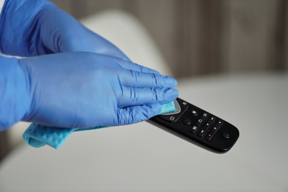 A minimalist cleaning setup on a plain, neutral-colored wall featuring a small, light blue wall-mounted holder. Inside the holder, there is a wooden-handled scrub brush with natural bristles and a mat